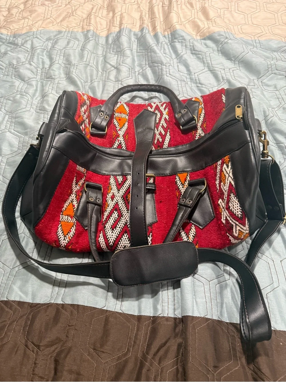 Vintage Kilim Duffle Bag Weekender Leather Travel Large